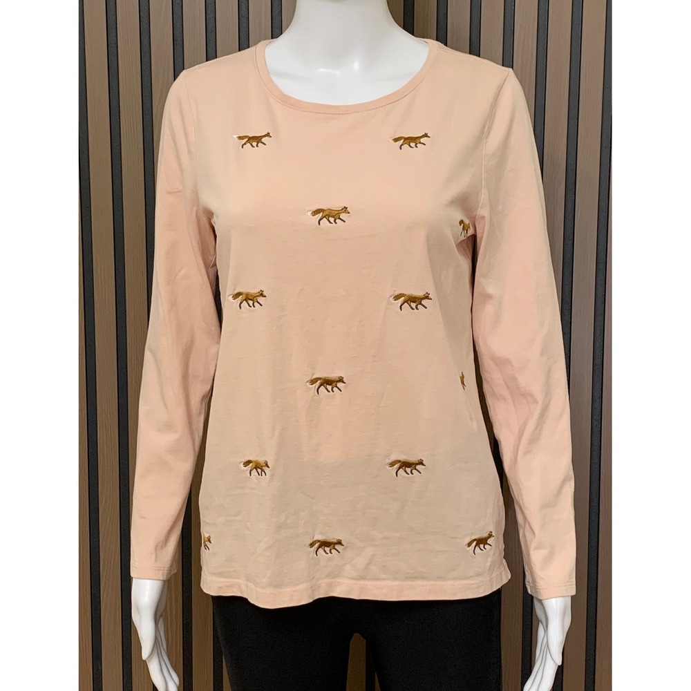 Talbots Women's PM Pink Embroidered Fox Long Sleeve 100% Cotton Tee Classic